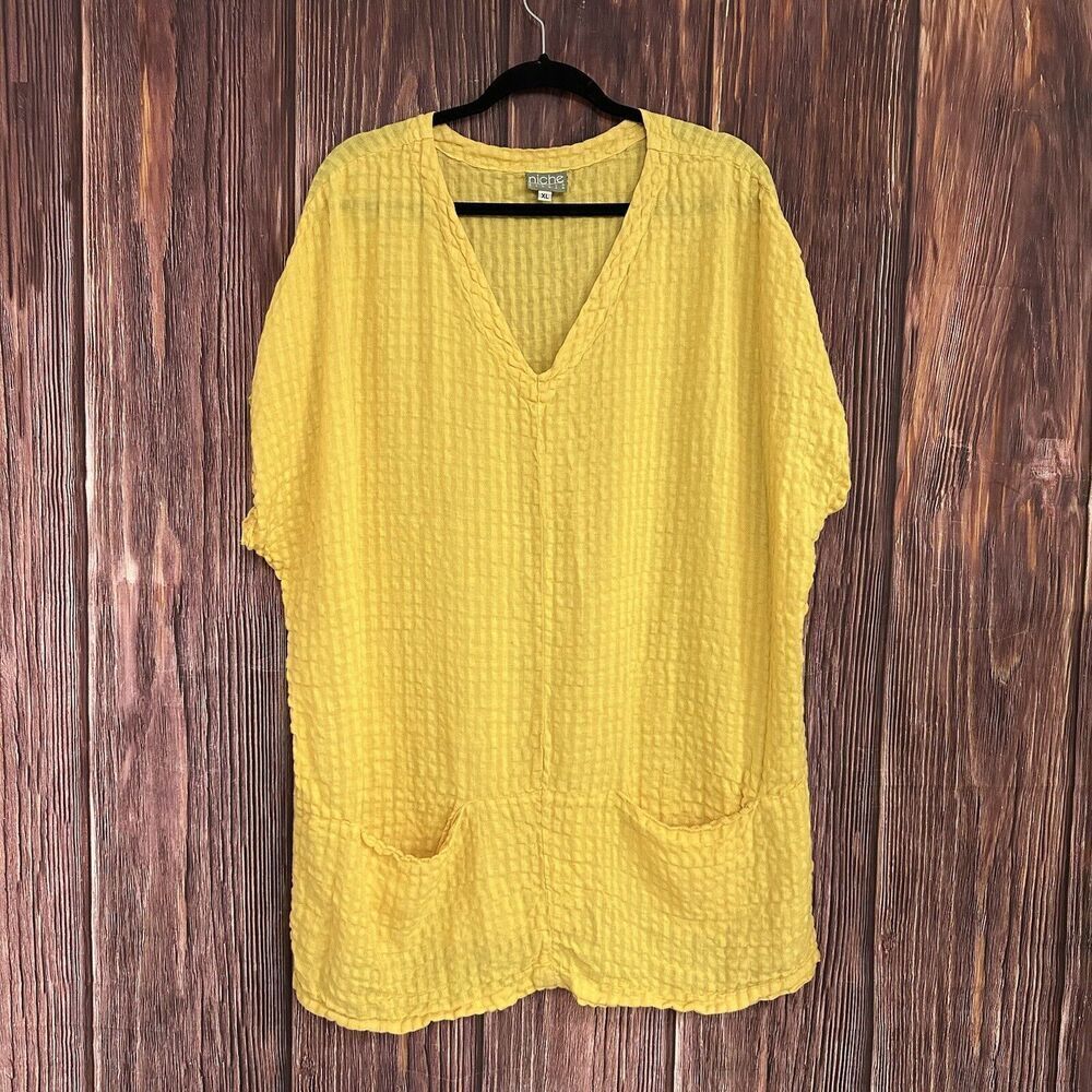 Niche Nilgun Derman Yellow Gauze Tunic Top V-Neck Cap Sleeve Lagenlook Size XL